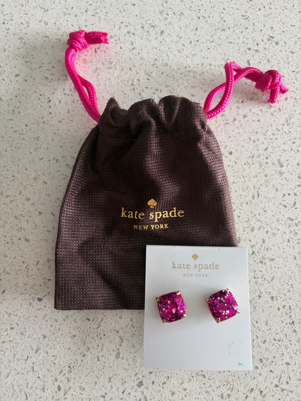 kate spade Hot Pink Glitter Square Stud Earrings with Pouch